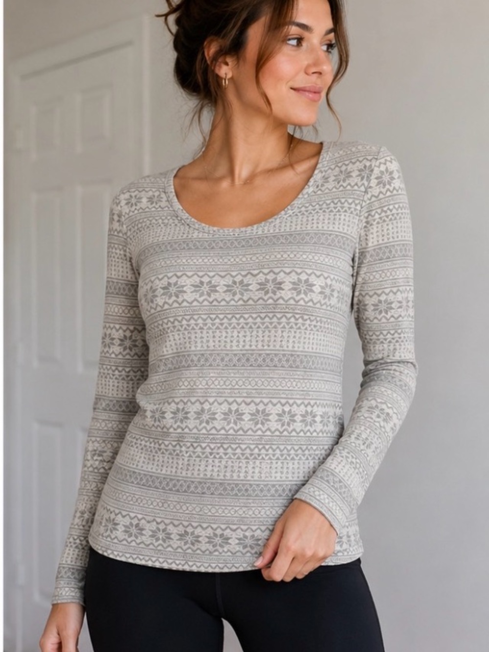 Gray Fair Isle Long Sleeve Top | Soft Winter Print Tee Size Small